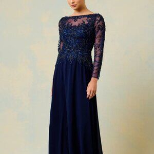 Plus size Navy blue mother of the bride dress.Long sleeve a line formal party